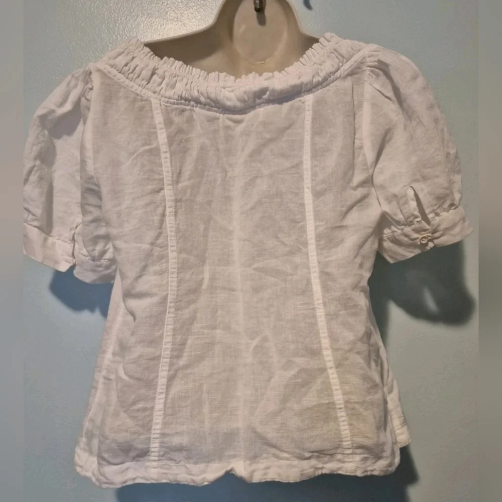 Anthropologie White Button-Front Linen Peasant Blouse